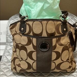 Coach Brown and Tan Shoulder Bag with Signature Pattern
